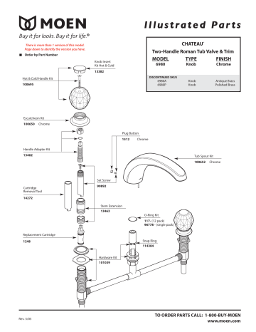 Moen 6980 Chateau Chrome two-handle low arc roman tub faucet Exploded ...