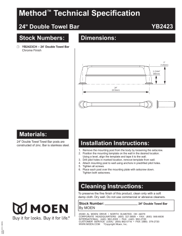 Moen YB2423CH Method Chrome 24" double towel bar Specifications | Manualzz