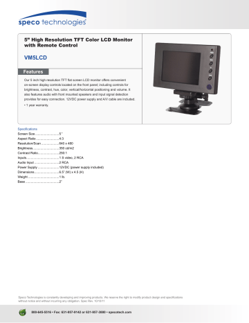 Speco VM5LCD 5″ LCD Color Monitor Spec Sheet | Manualzz