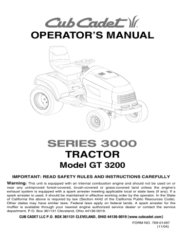 QUICK REFERENCE PARTS. Cub Cadet GT 3200 | Manualzz