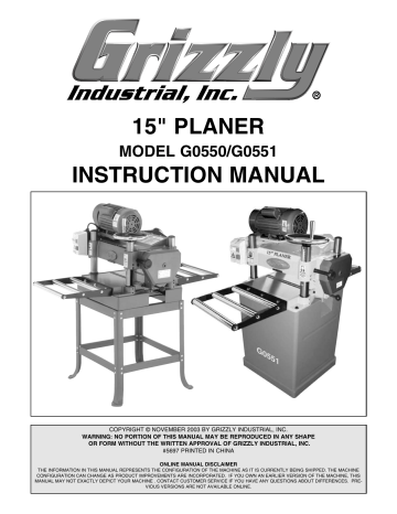 Grizzly G1017 Planer User Manual