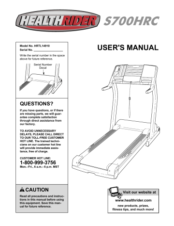 Healthrider HRTL14910 Treadmill User manual | Manualzz