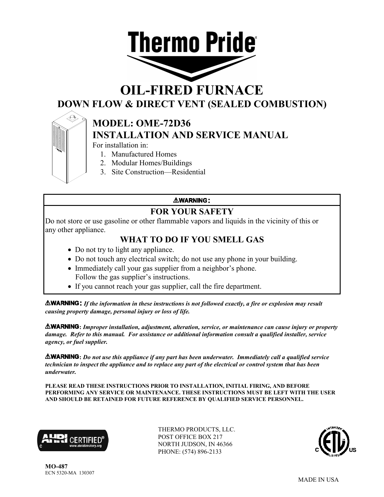Thermo Products ome-72d36 Furnace User manual | Manualzz