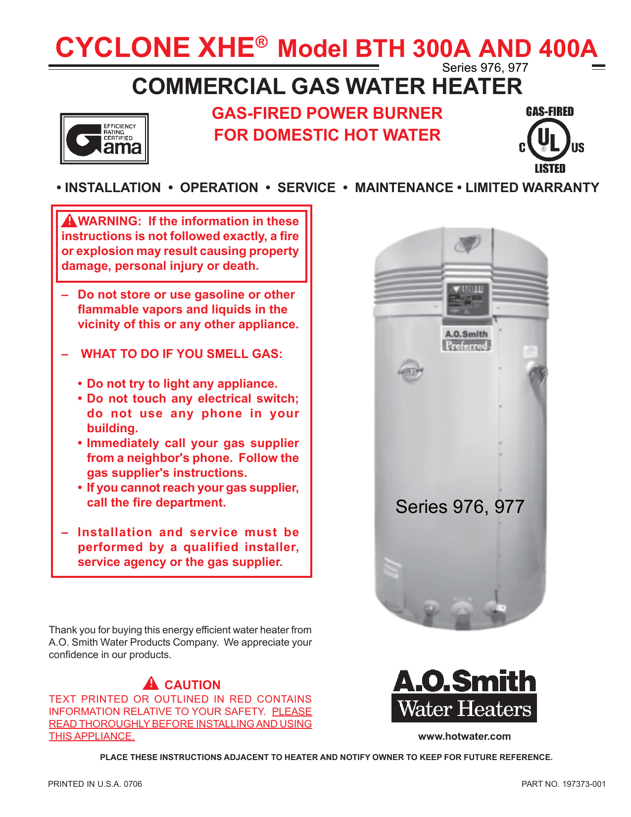 A.O. Smith BTH 300A, BTH 400A Water Heater User manual | Manualzz