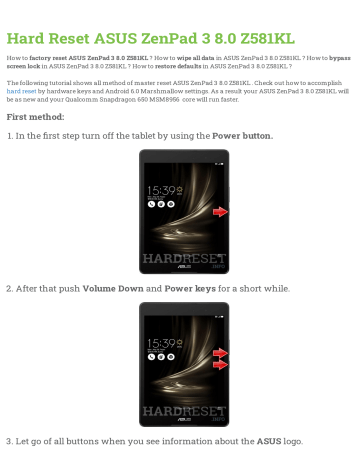 Hard Reset Asus Zenpad 3 8 0 Z581kl Manualzz