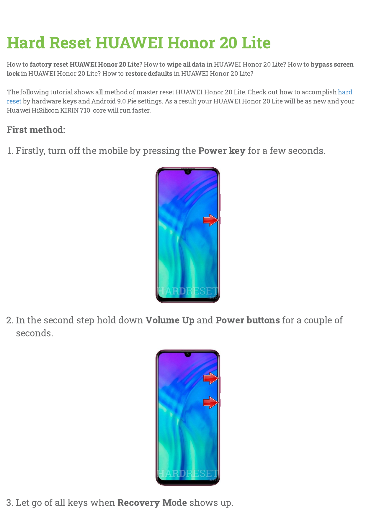 Hard Reset HUAWEI Honor 20 Lite | Manualzz