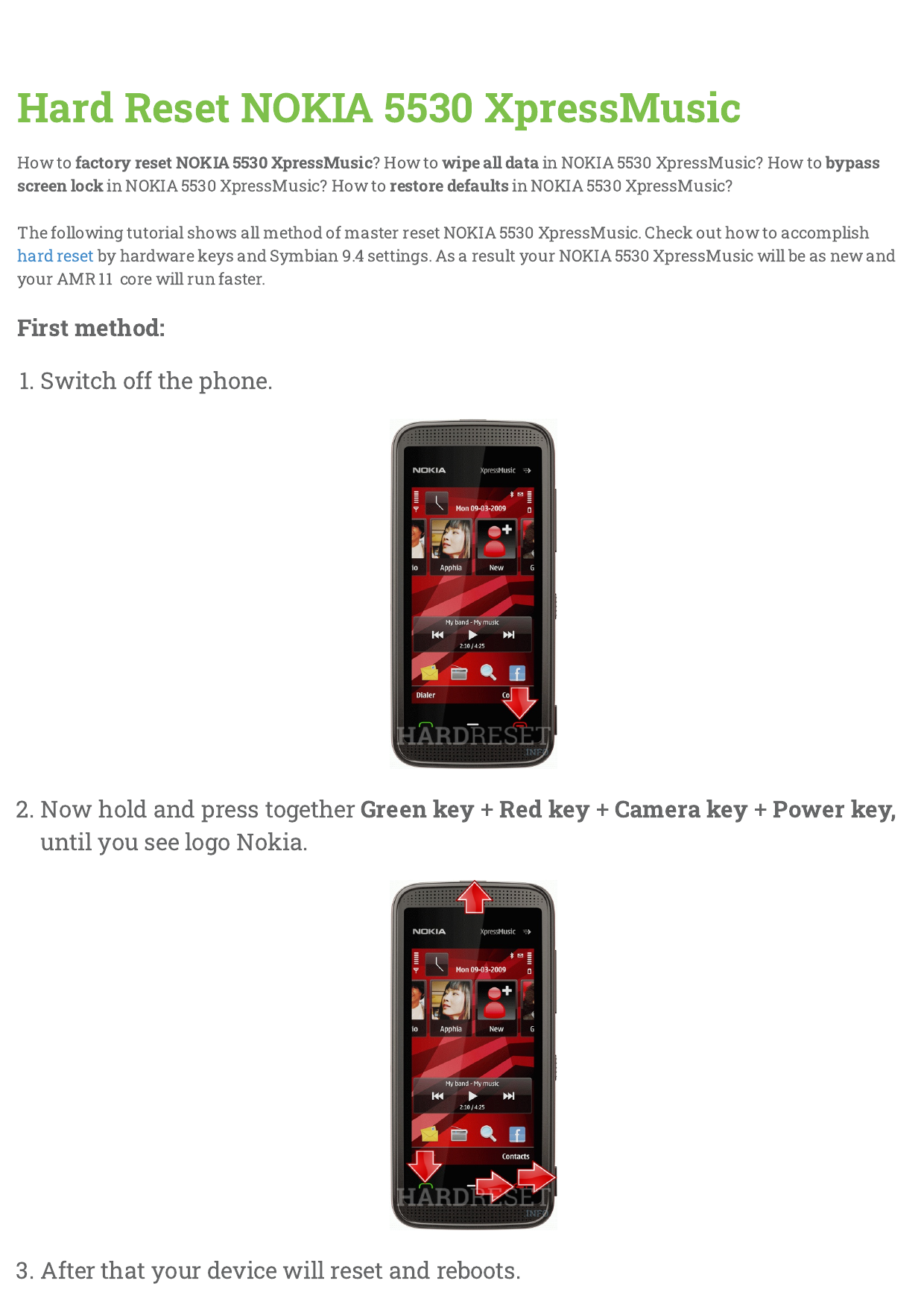 Hard Reset NOKIA 5530 XpressMusic | Manualzz