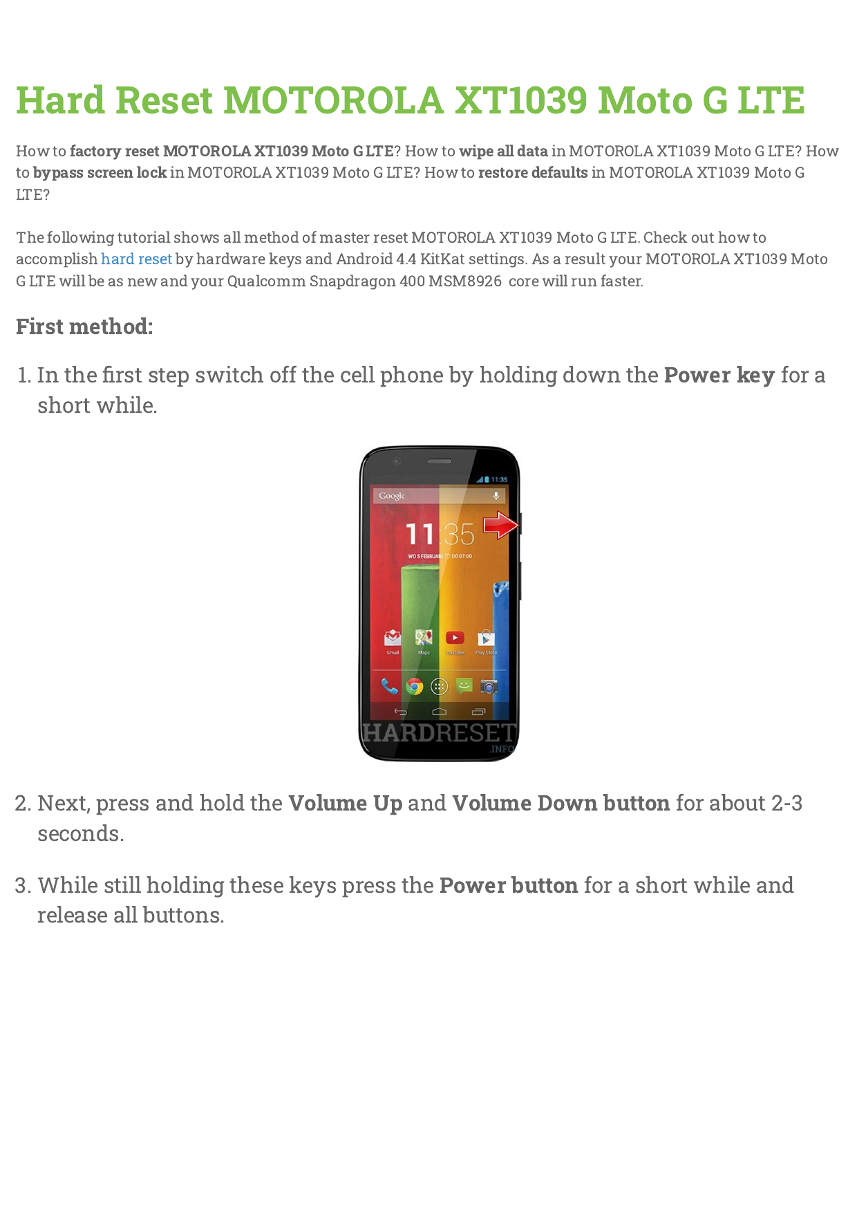 Hard Reset MOTOROLA XT29 Moto G LTE  Manualzz