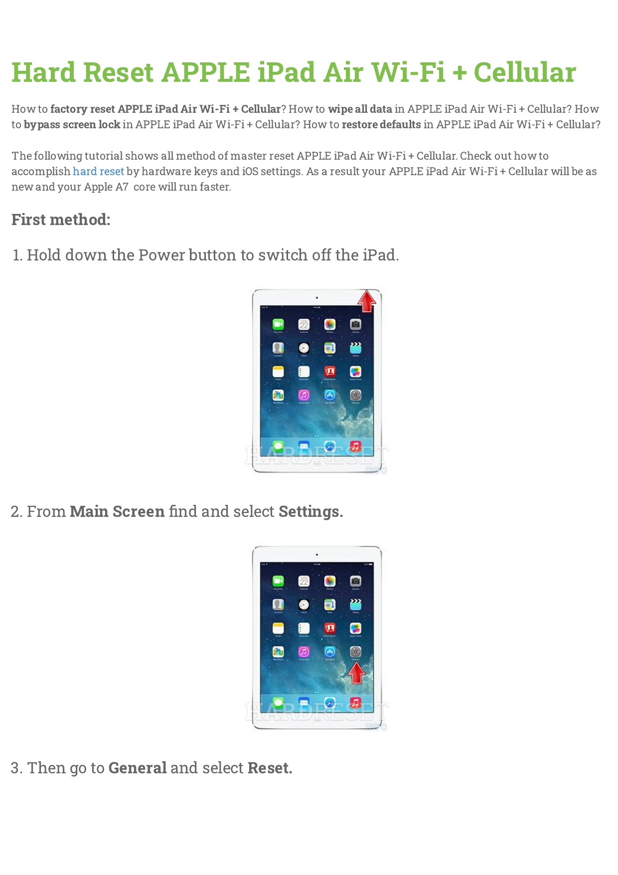 Hard Reset APPLE iPad Air Wi-Fi + Cellular  Manualzz