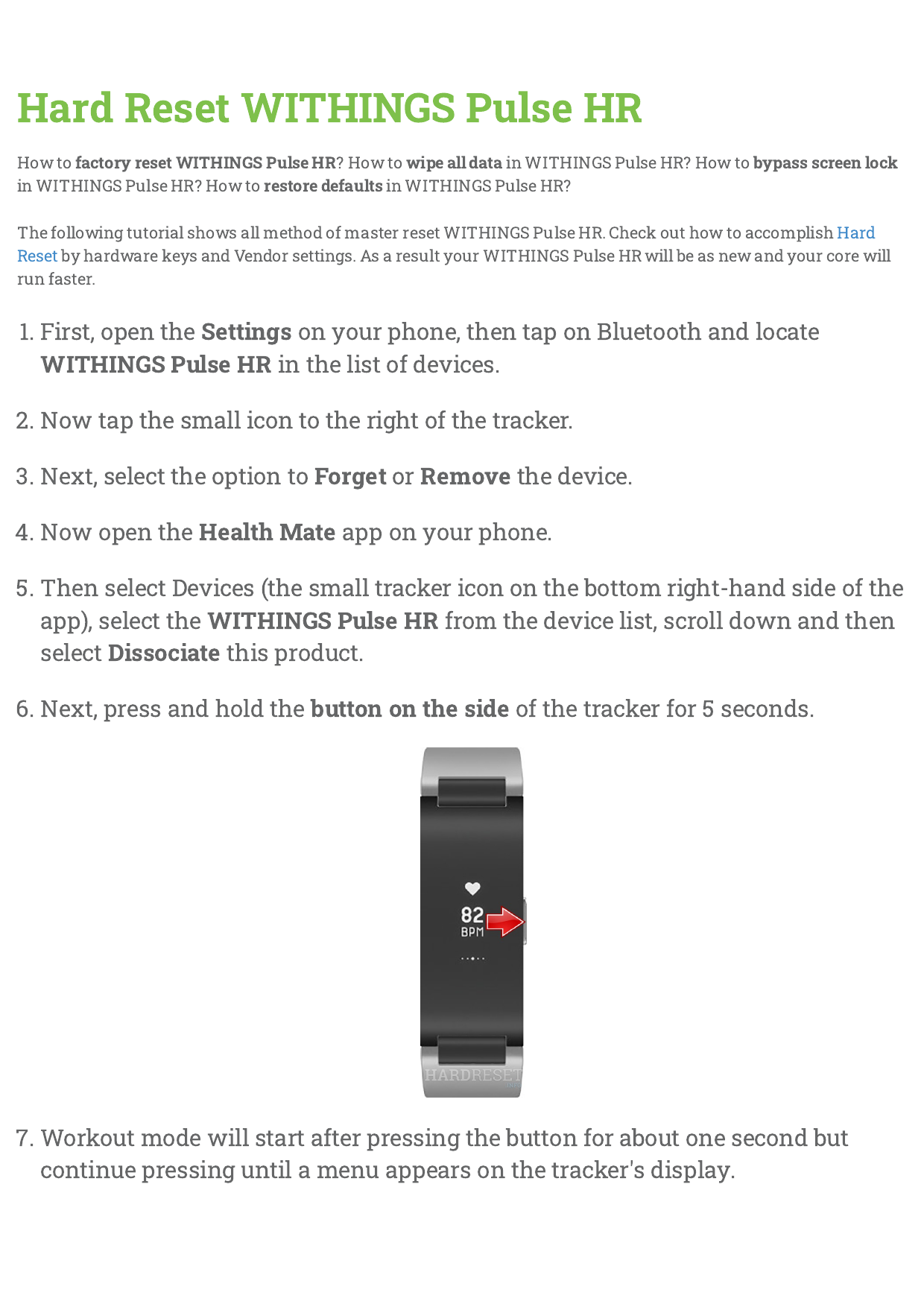 Factory reset withings online watch