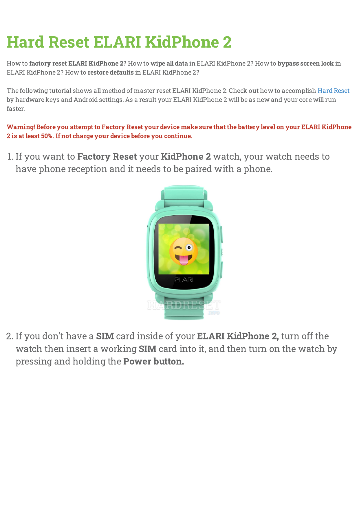 Hard Reset ELARI KidPhone 2 Manualzz