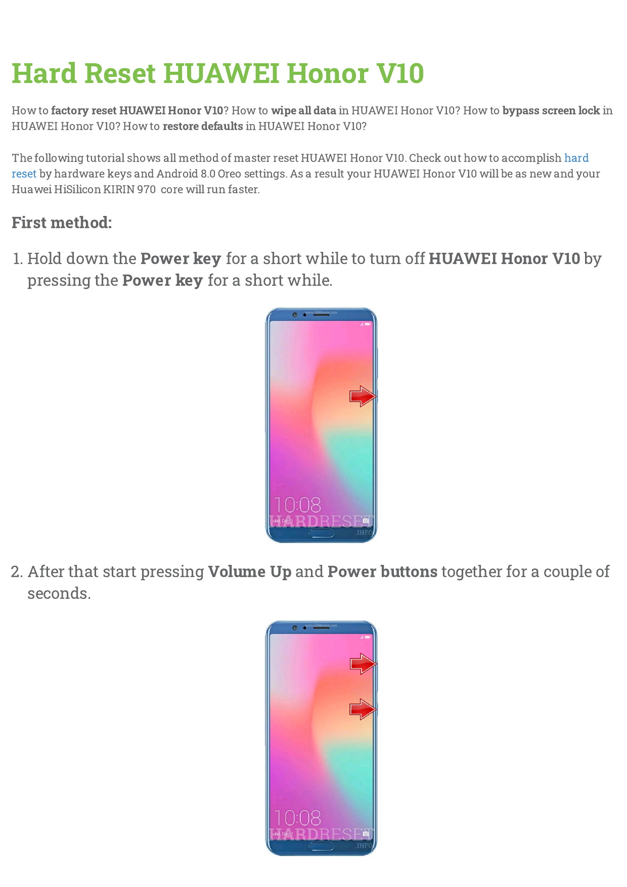 Hard Reset HUAWEI Honor V10 | Manualzz
