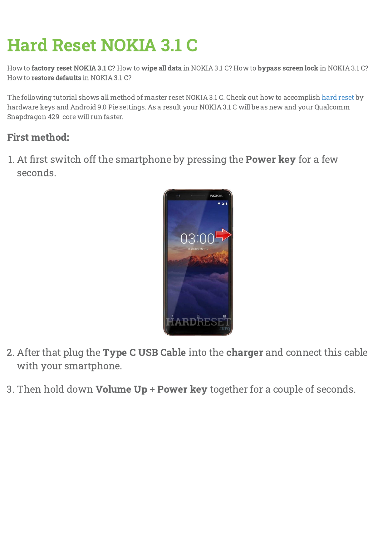 Hard Reset NOKIA 3.1 C | Manualzz