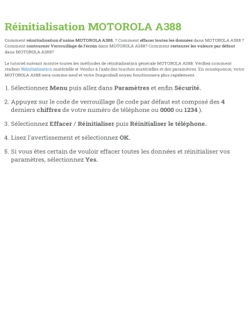 Réinitialisation MOTOROLA A388 | Manualzz