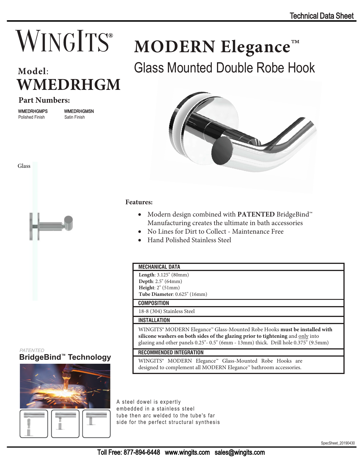 MODERN Elegance™ Double Robe Hook Glass Mounted - WingIts