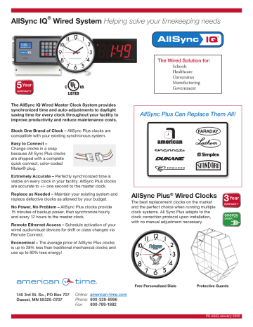 American Time AllSync IQ Wired Clock System Data Sheet | Manualzz