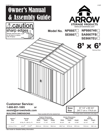 Arrow Storage Products SE8667EU Selmont Steel Storage Shed, 8 ft. x 6 ft., Shed Kit Owner Manual | Manualzz