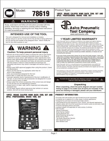 Astro Pneumatic 78619 18pc Brake Caliper Wind Back Tool Set & 8pc ...