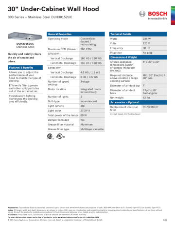 Bosch DUH30152UC/01 Undercabinet Hood Spec Sheet | Manualzz