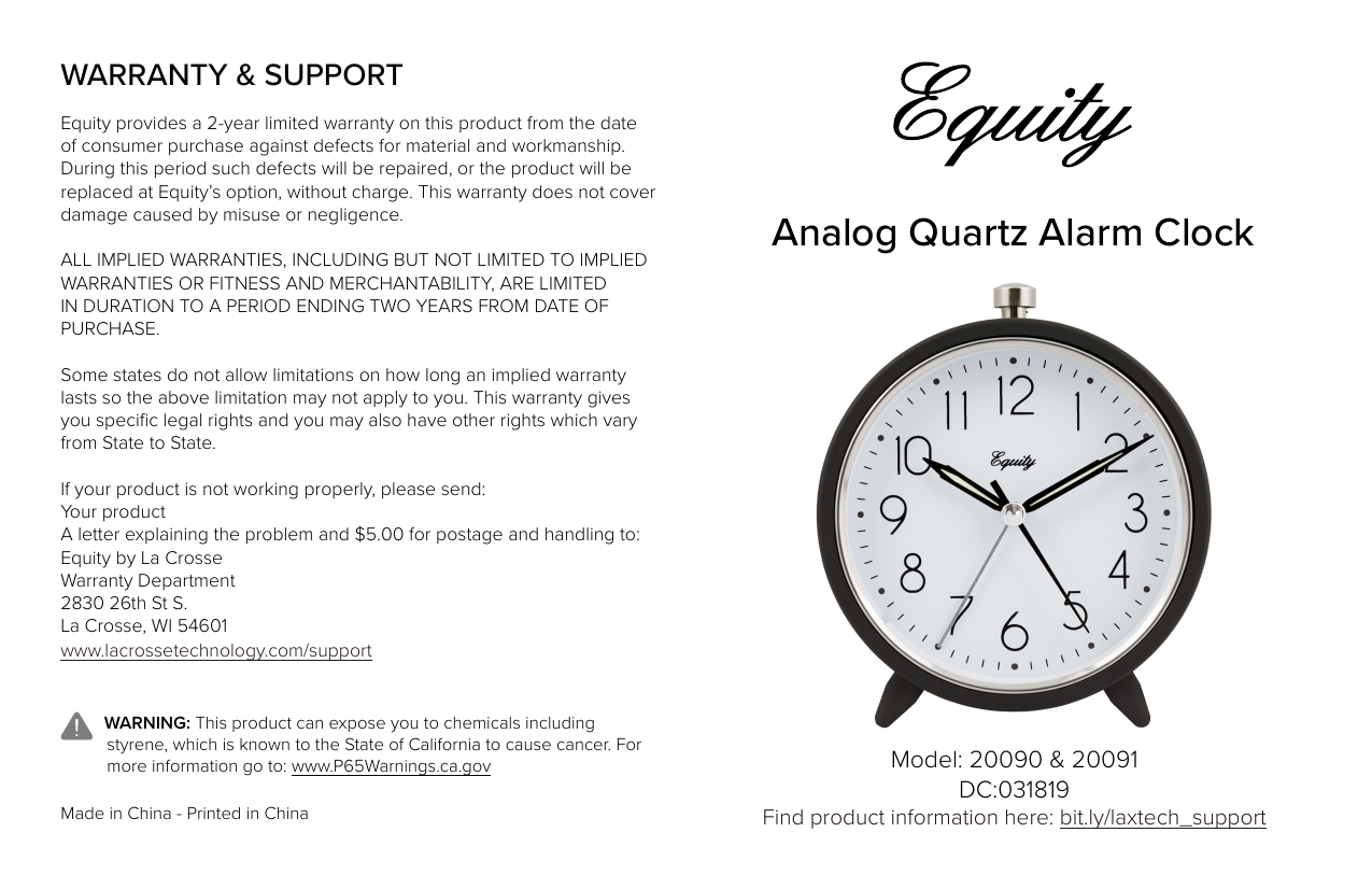 White 27002 Equity by La Crosse Battery Powered Analog Quartz Alarm Clock 