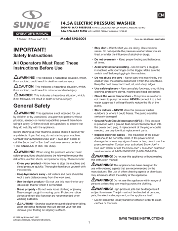 Sun Joe SPX4001 Electric Pressure Washer Operators Manual | Manualzz