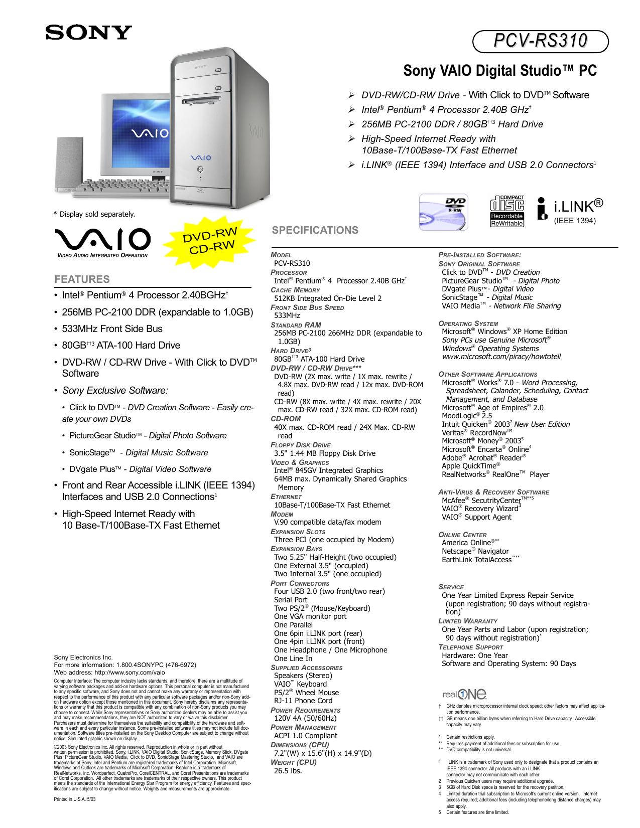 Sony Pcv Rs310 Vaio Desktop Computer Specifications Manualzz