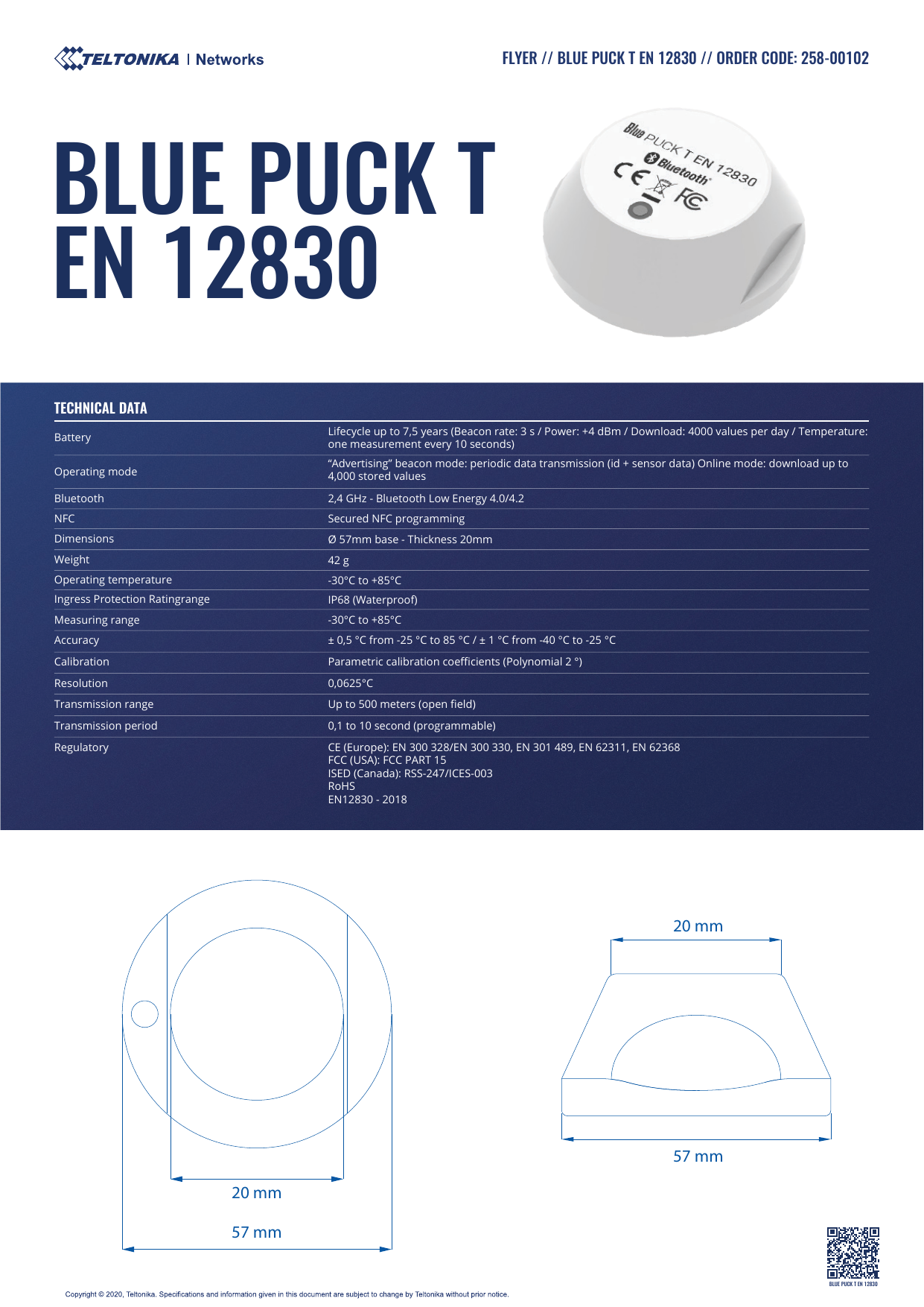 Teltonika Blue PUCK T EN 12830 (temperature) Bluetooth 4.0 LE EN12830