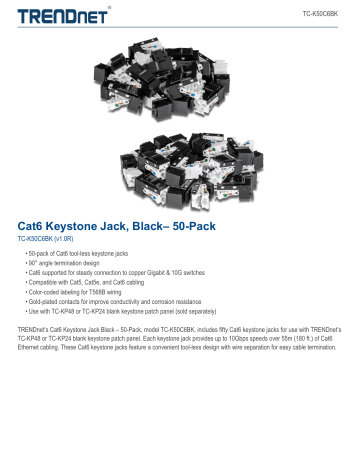 TRENDnet TC-K50C6BK Cat6 Keystone Jack, Black– 50-Pack Datasheet | Manualzz