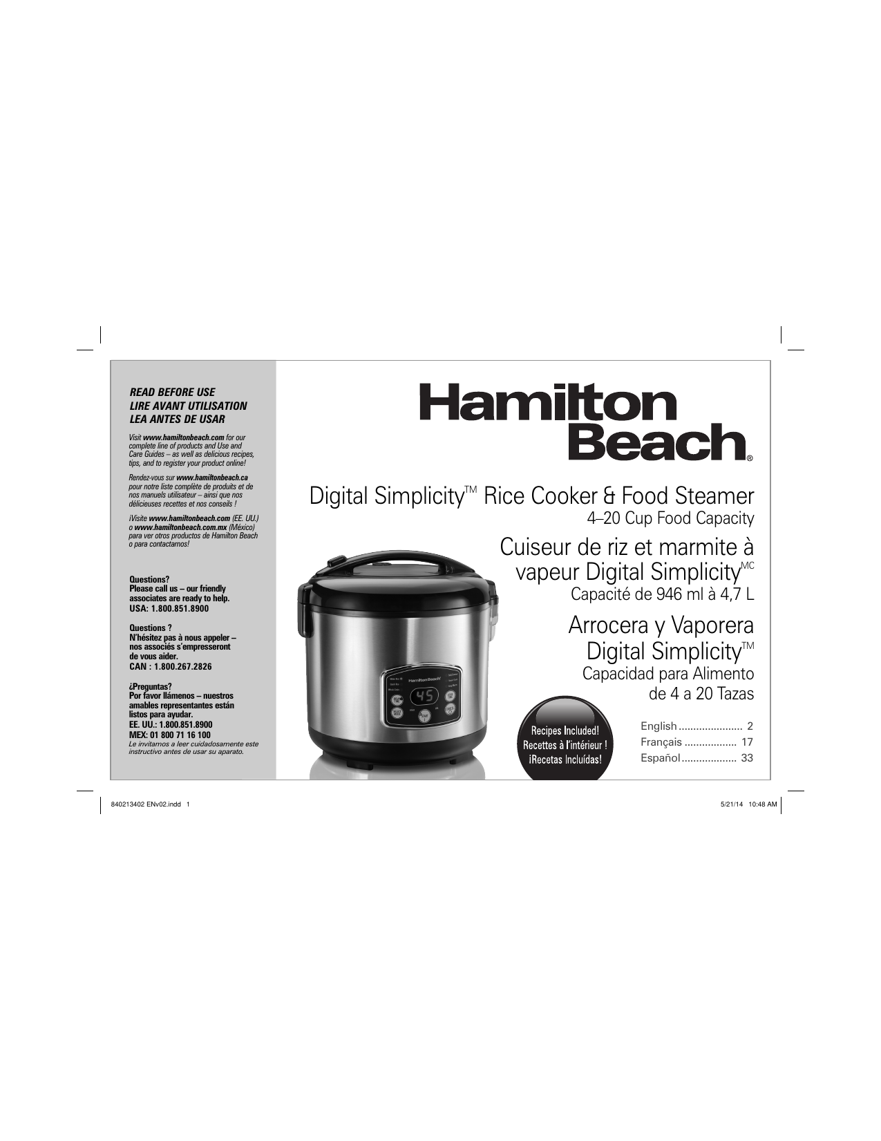 Hamilton Beach 37539 Black/Stainless Steel Digital Simplicity 6 Cups  (Uncooked)12 Cups (Cooked) Rice Cooker/Steamer 