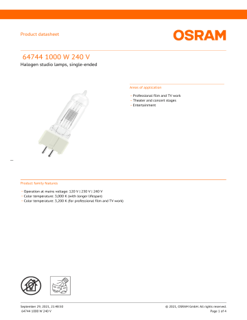 Osram 64744 1000 W 240 V Data Sheet | Manualzz