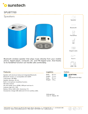 Sunstech SPUBT700 Bluetooth speaker Product sheet | Manualzz