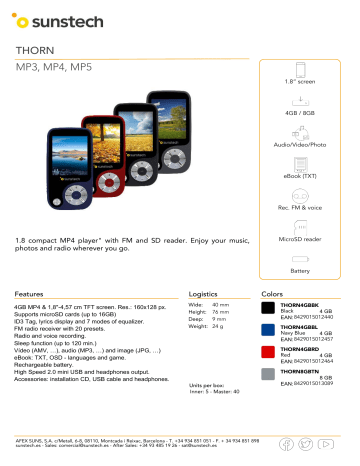 Sunstech THORN MP3 and MP4 Product sheet | Manualzz