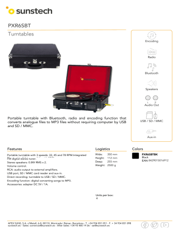 Sunstech PXR6SBT Turntable Product sheet | Manualzz