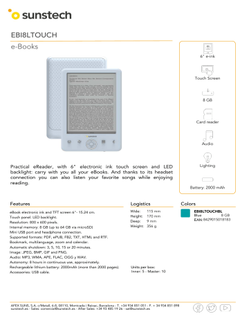 Sunstech EBI8LTOUCH e-Book Product sheet | Manualzz