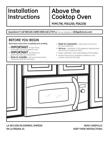 GE PSA1200RWW01 Microwave/Hood Combo installation Guide | Manualzz