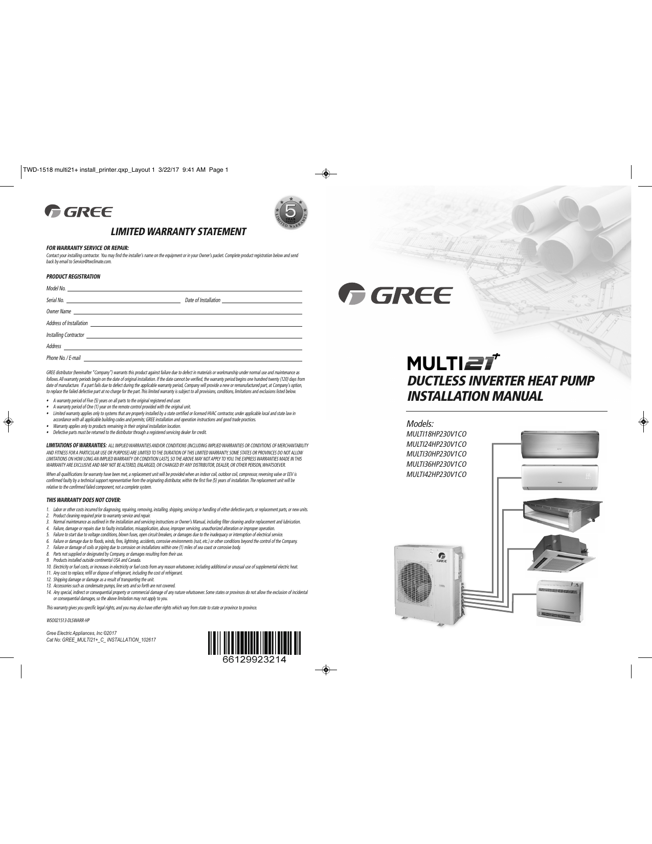 Gree MULTI30HP230V1CO, MULTI42HP230V1CO Installation Manual | Manualzz