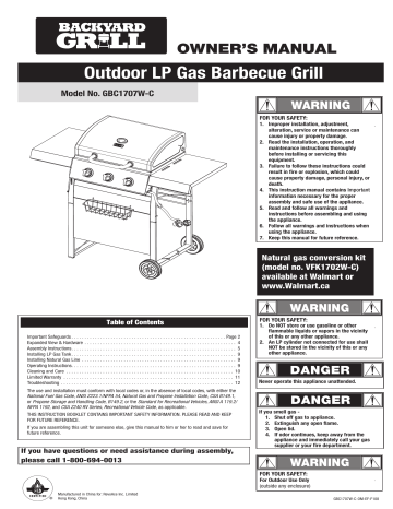 Backyard Grill GBC1707W-C Bbq And Gas Grill Owner's Manual | Manualzz