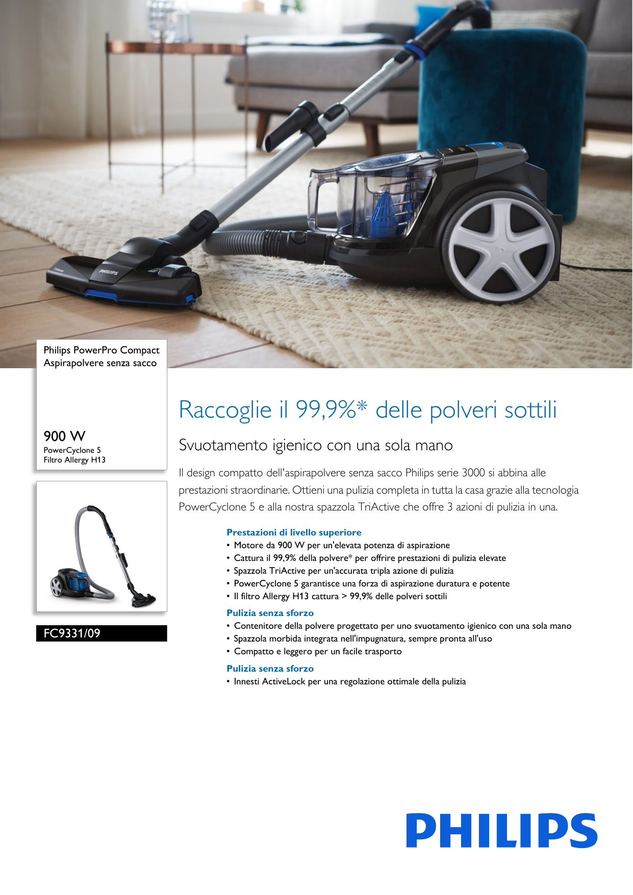 Philips PowerPro Aspirapolvere Compatto senza Sa…