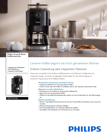 Philips HD7761/00 Grind & Brew Kaffeemaschine Produktdatenblatt | Manualzz