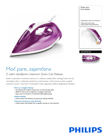 Philips GC4543/30 Azur Parni likalnik Podatkovni list izdelka | Manualzz