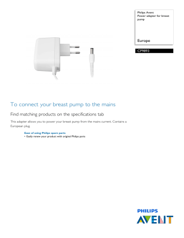 Avent CP9893/01 Avent Power adapter for breast pump Product datasheet | Manualzz