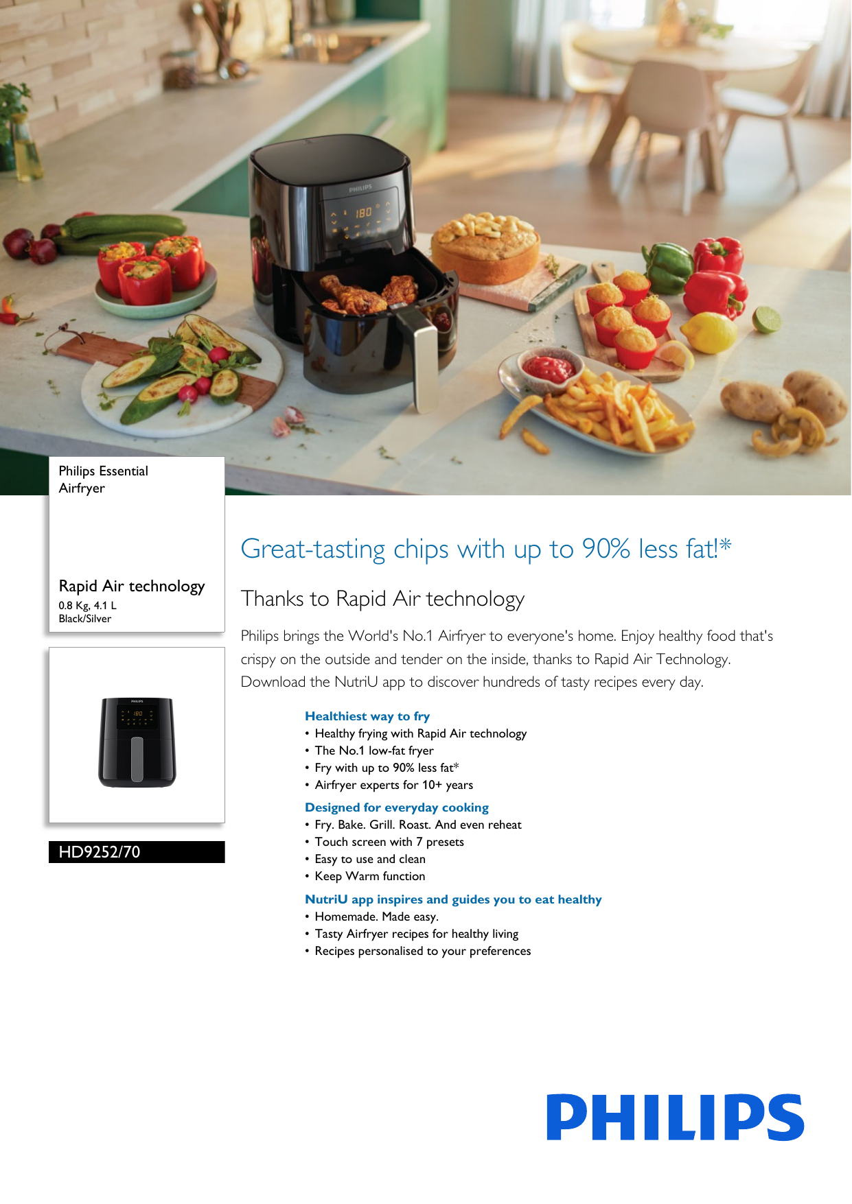 Philips Essential Air Fryer Hd9252/70 With Rapid Air Technology, Uses Up To  90% Less