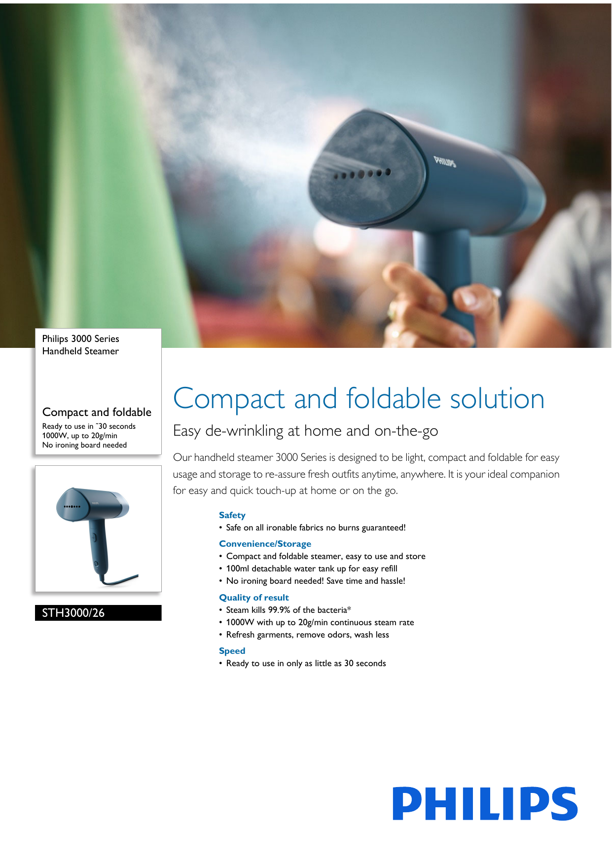 Philips 3000 Series Compact And Foldable Handheld Steamer Sth3000/26