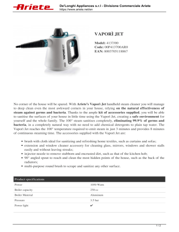 Ariete 4137 Vaporì Jet Product sheet | Manualzz