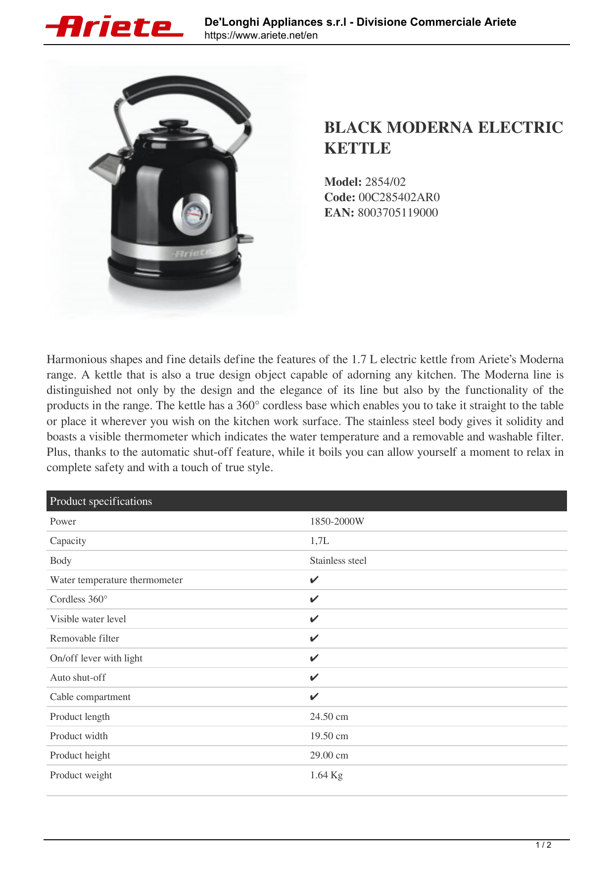 Ariete 2854 black MODERNA ELECTRIC KETTLE Product sheet