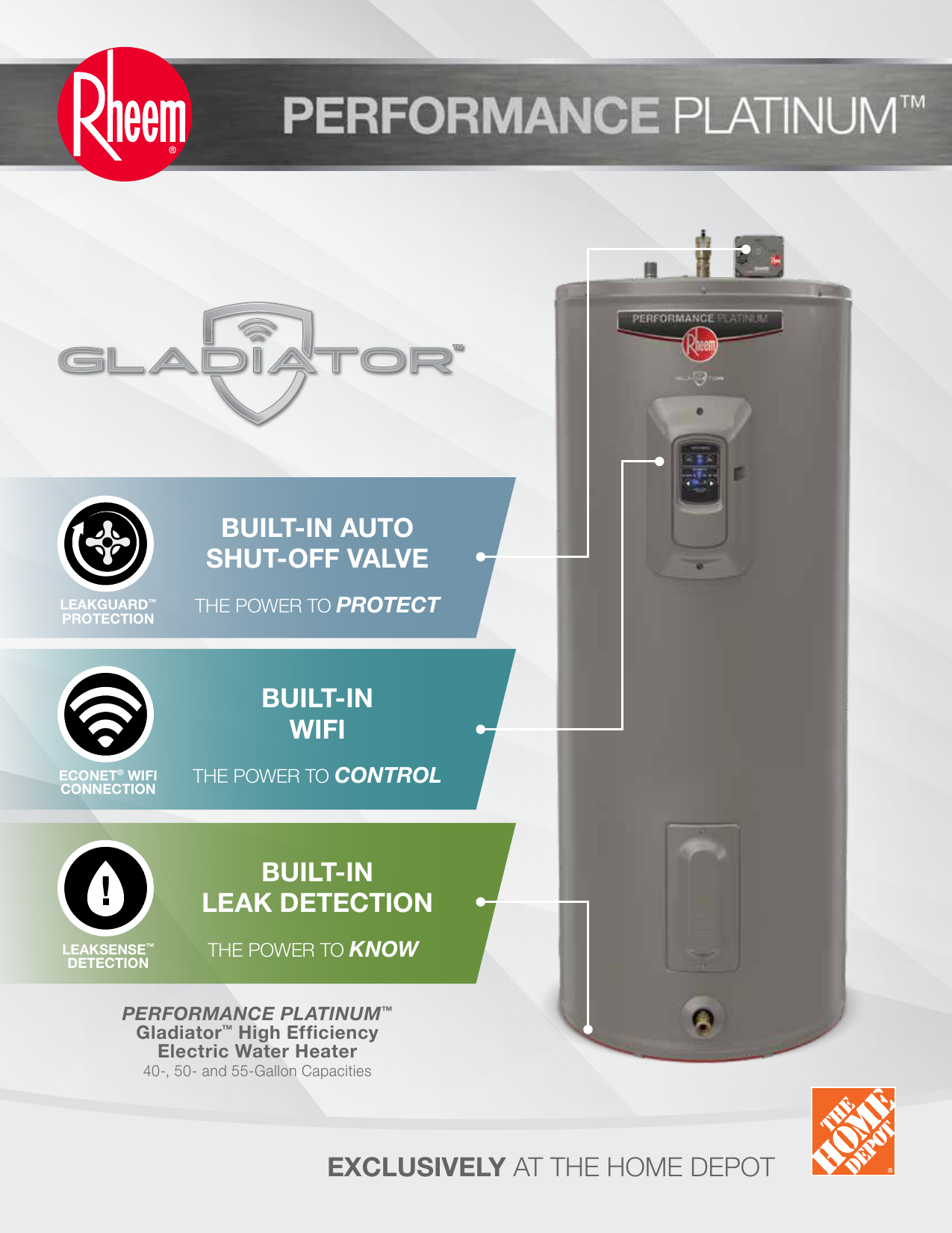 Rheem Gladiator 50 Gal. Tall 12 Year 5500/5500-Watt Smart Electric Water  Heater with Leak Detection and Auto Shutoff XE50T12CS55U1 - The Home Depot