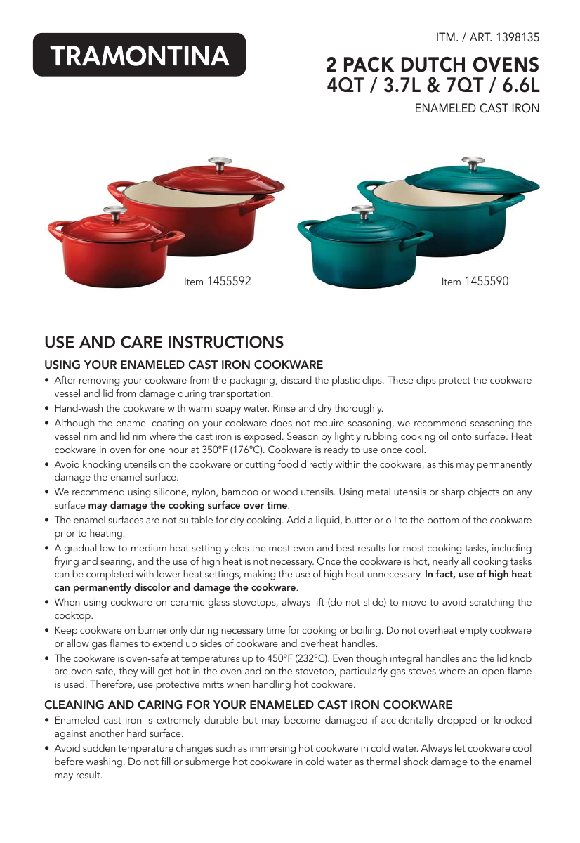 CROFTON CAST IRON 6 QT (5.7 L) DUTCH OVEN USER MANUAL Pdf Download