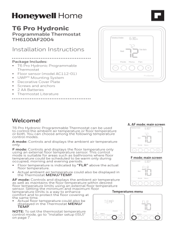 TH6100AF2004 Honeywell T6 Pro Hydronic Programmable Thermostat W/ Slab/Floor Sensor, 1 Heat Only, TH6100AF2004 - View #5