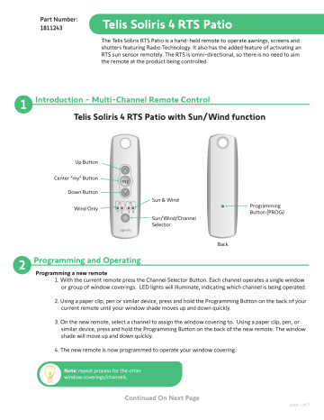 somfy Telis 4 Soliris RTS Patio Instruction manual | Manualzz