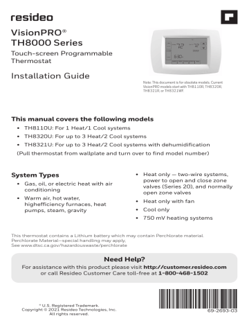 Honeywell TH8000 Series Touch-screen Programmable Thermostat ...